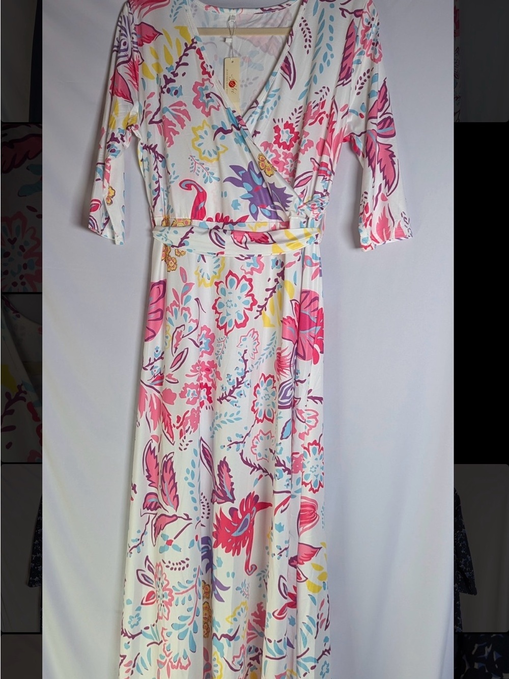 Floral Wrap Maxi Dress - White with Pink, Blue & Yellow